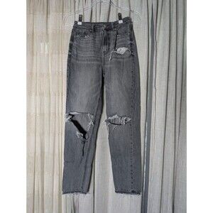American Eagle Women's Gray Distressed Mom Denim Jeans Stretch Regular 5-Pocket